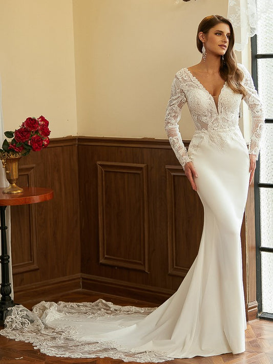 Wholesale Sheath/Column Stretch Crepe Lace V-neck Long Sleeves Cathedral Train Wedding Dresses