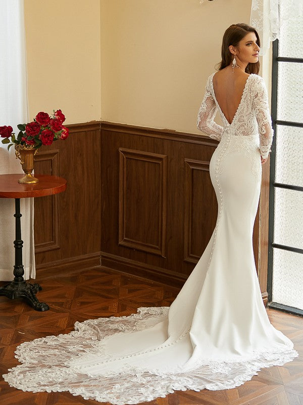 Wholesale Sheath/Column Stretch Crepe Lace V-neck Long Sleeves Cathedral Train Wedding Dresses