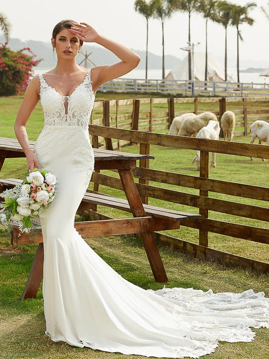 Wholesale Sheath/Column Stretch Crepe Lace V-neck Sleeveless Cathedral Train Wedding Dresses