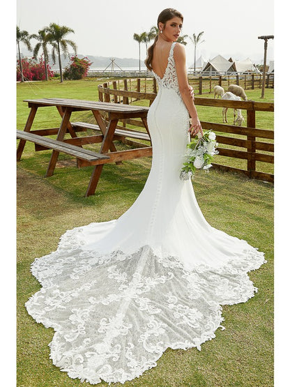 Wholesale Sheath/Column Stretch Crepe Lace V-neck Sleeveless Cathedral Train Wedding Dresses