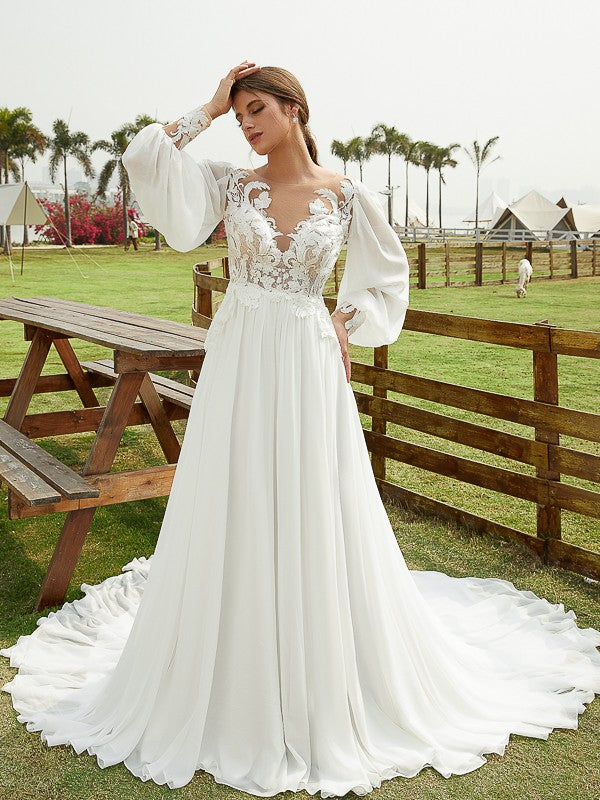 Wholesale A-Line/Princess Chiffon Applique Scoop Long Sleeves Chapel Train Wedding Dresses