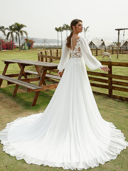 Wholesale A-Line/Princess Chiffon Applique Scoop Long Sleeves Chapel Train Wedding Dresses