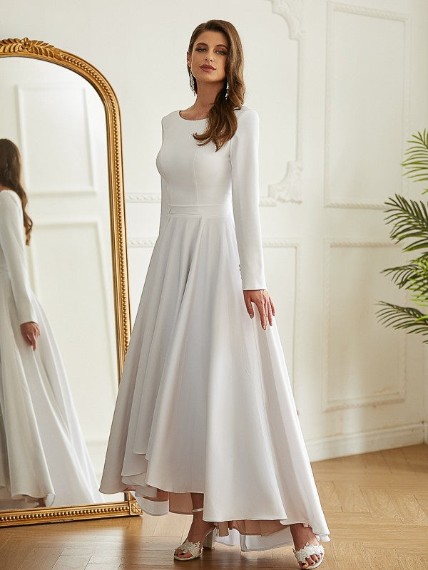 Wholesale A-Line/Princess Stretch Crepe Ruffles Scoop Long Sleeves Asymmetrical Wedding Dresses