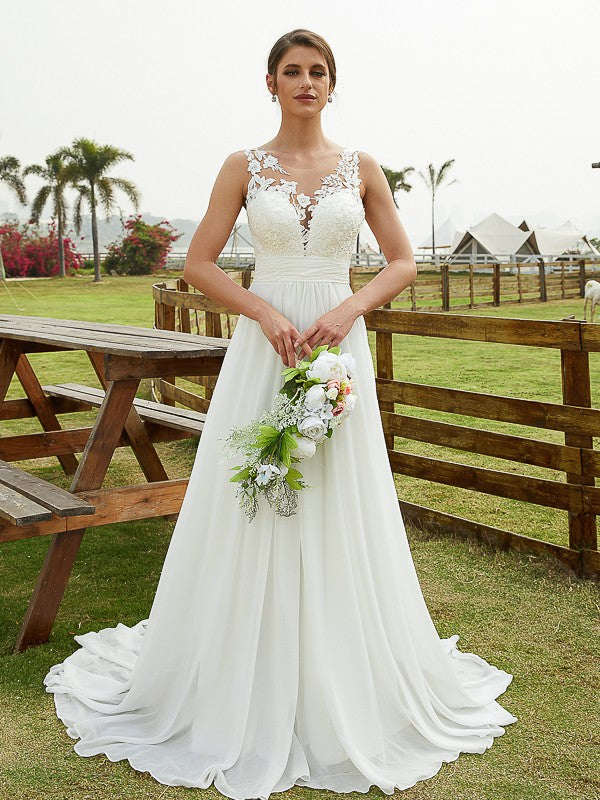 Wholesale A-Line/Princess Chiffon Lace Scoop Sleeveless Sweep/Brush Train Wedding Dresses