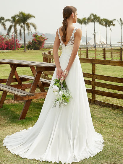 Wholesale A-Line/Princess Chiffon Lace Scoop Sleeveless Sweep/Brush Train Wedding Dresses