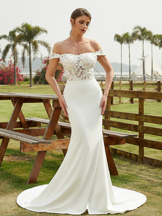 Wholesale Sheath/Column Stretch Crepe Lace Off-the-Shoulder Sleeveless Court Train Wedding Dresses