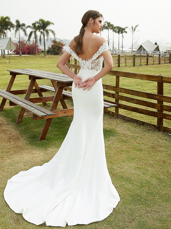 Wholesale Sheath/Column Stretch Crepe Lace Off-the-Shoulder Sleeveless Court Train Wedding Dresses