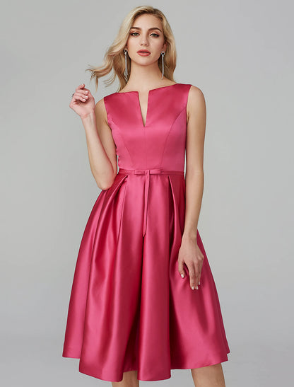 Wholesale A-Line Party Dress Wedding Guest Cocktail Party Knee Length Sleeveless V Wire Pink Dress Satin with Sash / Ribbon