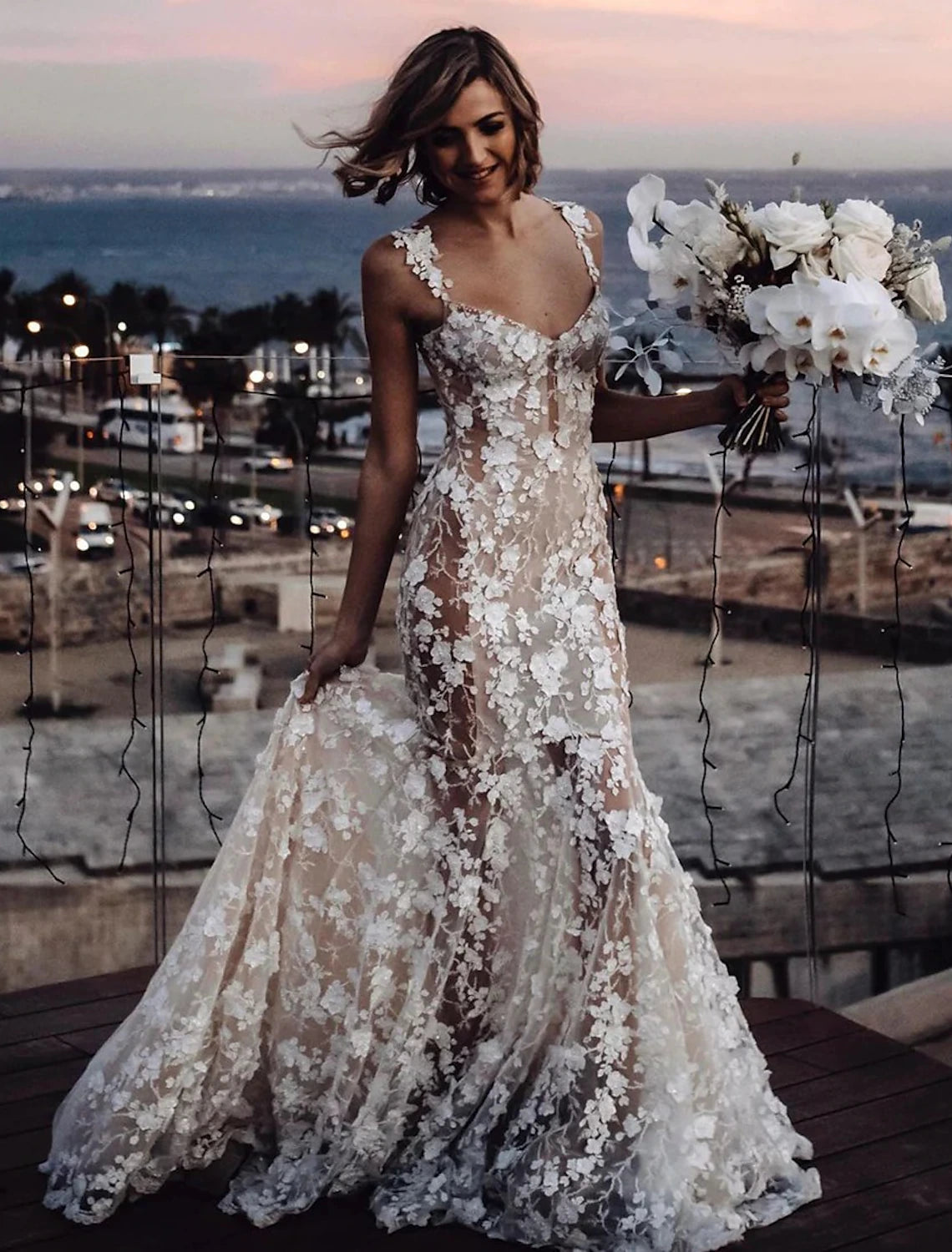 Wholesale Beach Sexy Boho Wedding Dresses Mermaid / Trumpet Sweetheart Regular Straps Court Train Lace Bridal Gowns With Appliques