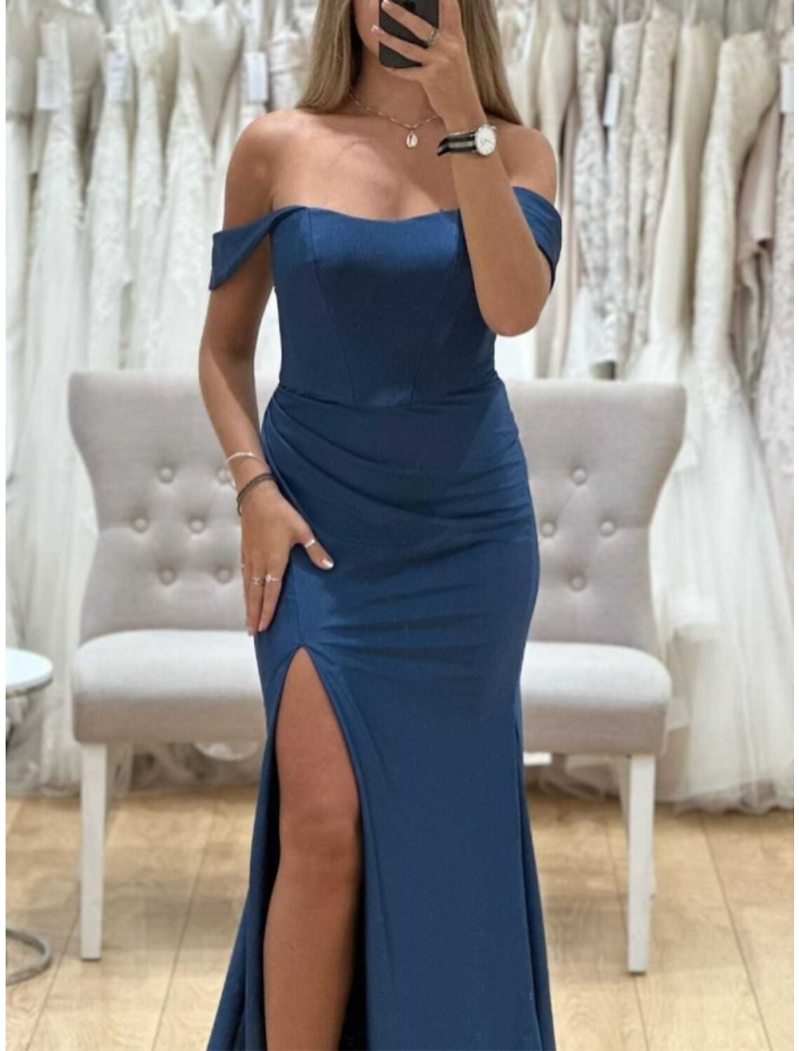 Wholesale Sheath / Column Bridesmaid Dress Off Shoulder Short Sleeve Blue Floor Length Stretch Fabric with Split Front / Ruching / Solid Color