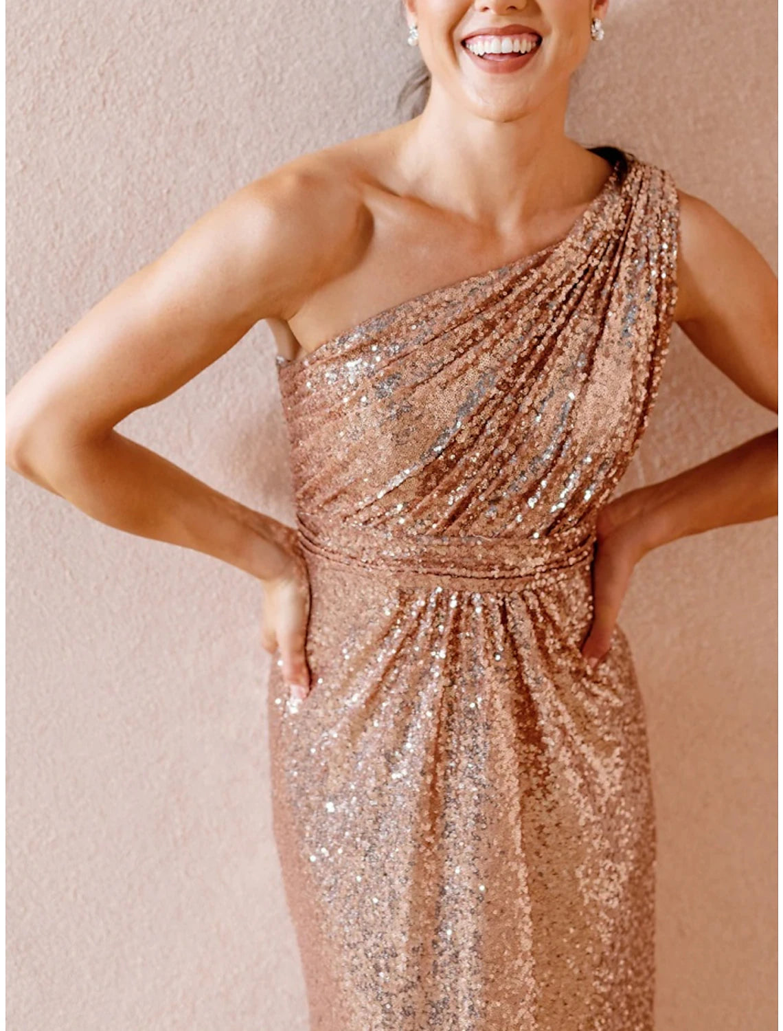 Wholesale A-Line Bridesmaid Dress One Shoulder Sleeveless Glitter & Sparkle Sweep / Brush Train Sequined with Ruching