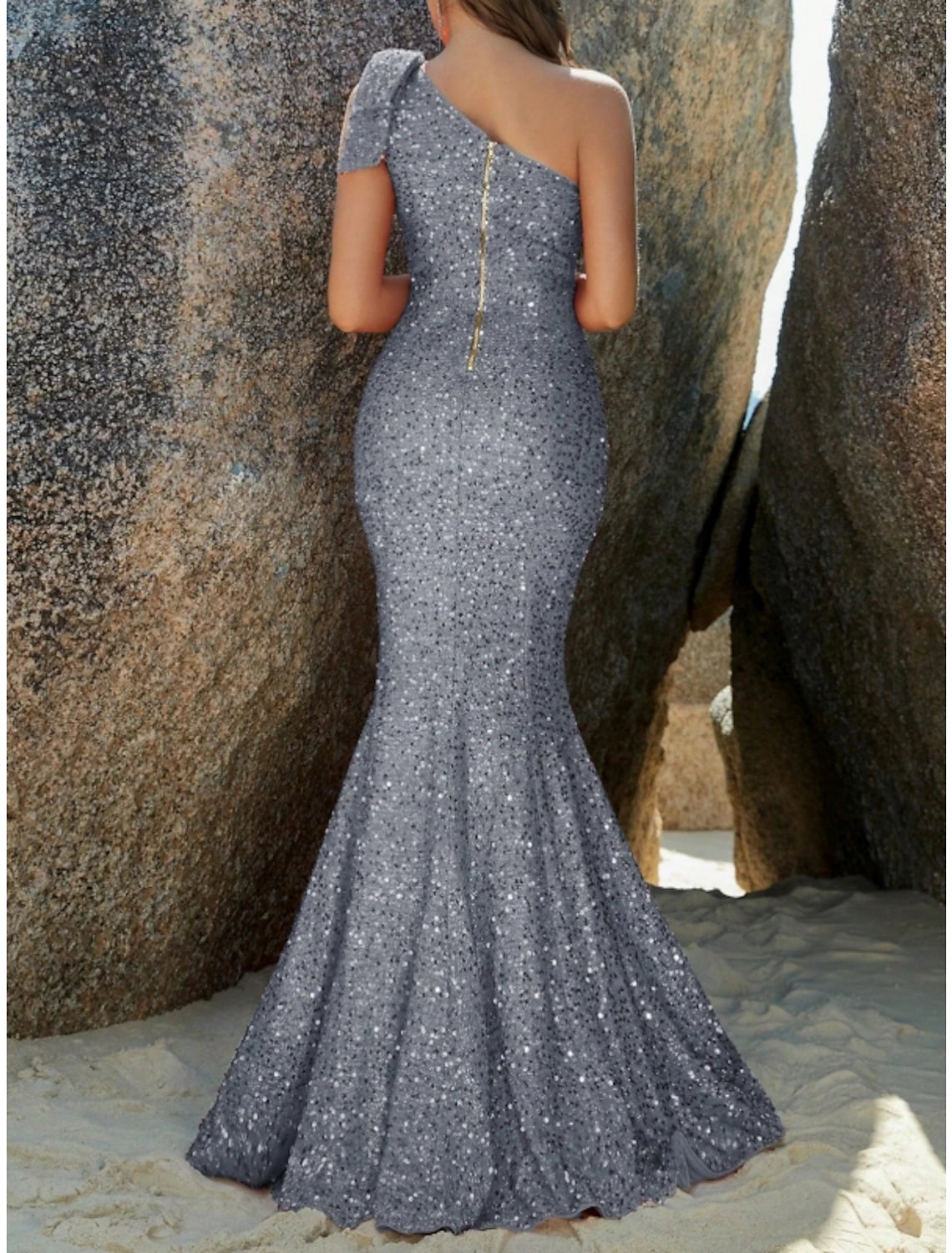 Wholesale Mermaid / Trumpet Evening Gown Sparkle & Shine Dress Formal Fall Sweep / Brush Train Sleeveless One Shoulder Sequined with Glitter Shouder Flower