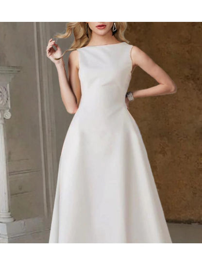 Wholesale Hall Little White Dresses Wedding Dresses A-Line Scoop Neck Sleeveless Tea Length Satin Bridal Gowns With Pleats