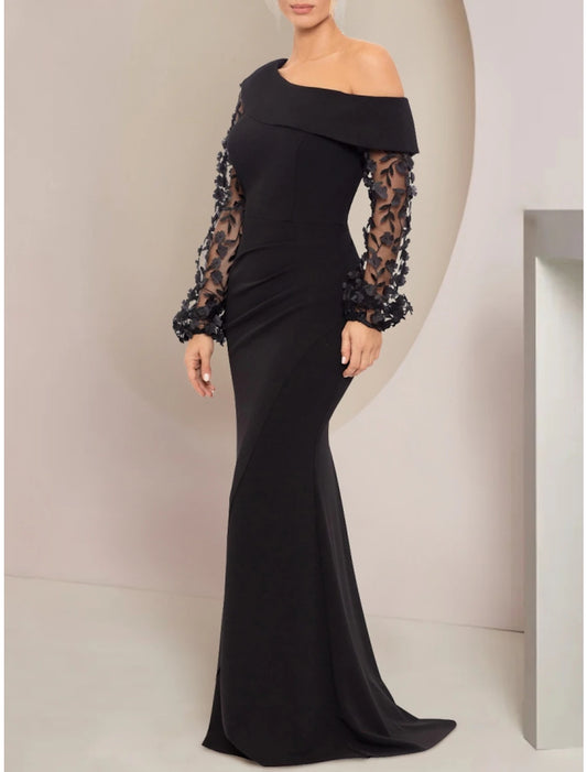 Wholesale A-Line Mother of the Bride Dress Wedding Guest Elegant Off Shoulder Sweep / Brush Train Stretch Chiffon Long Sleeve with Ruched Appliques