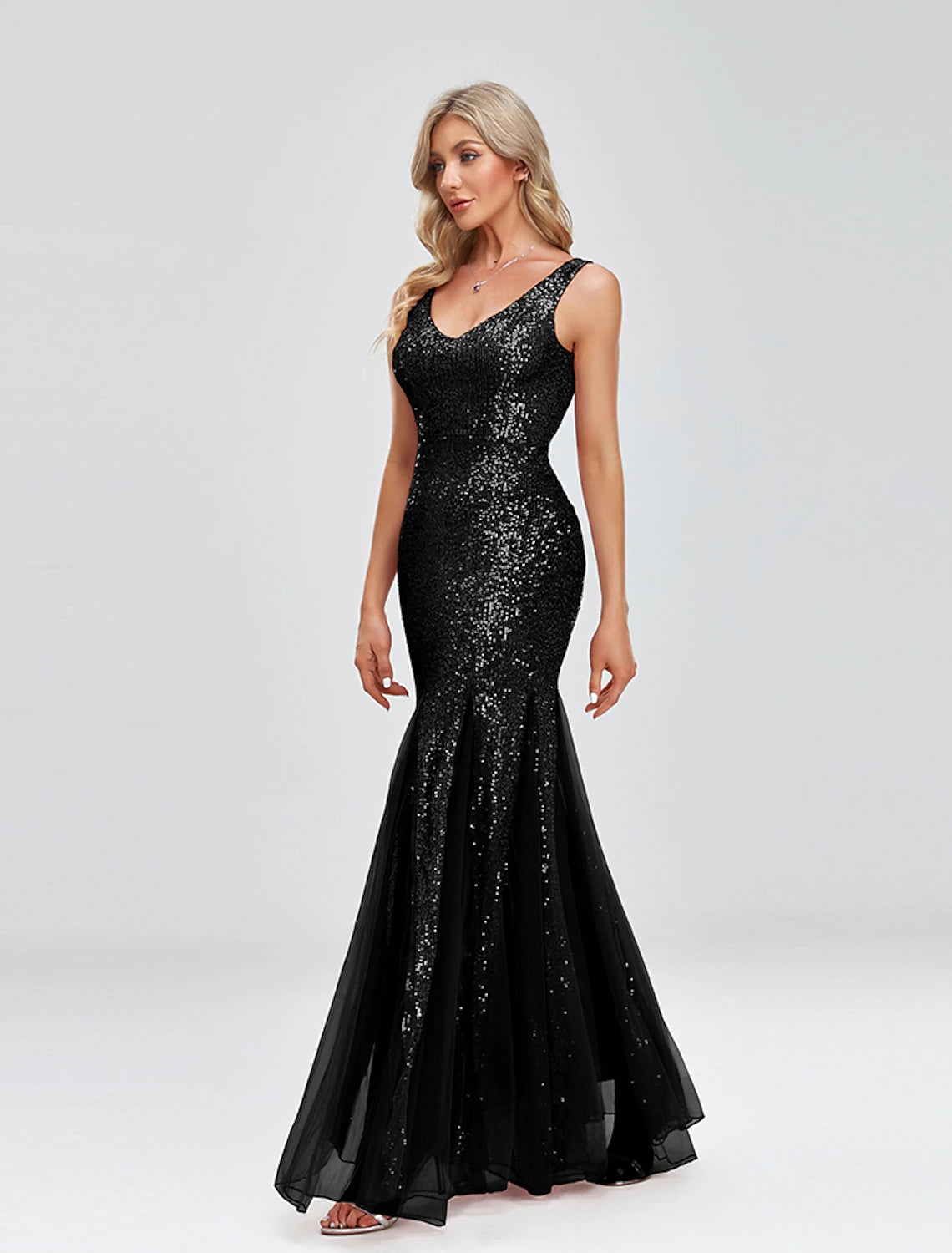 Wholesale Mermaid / Trumpet Evening Gown Sparkle Dress Wedding Guest Formal Evening Floor Length Sleeveless V Neck Tulle V Back with Sequin Splicing