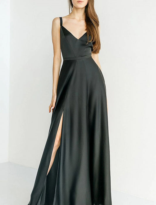 Wholesale A-Line Bridesmaid Dress Spaghetti Strap Sleeveless Open Back Floor Length Stretch Satin with Split Front / Solid Color