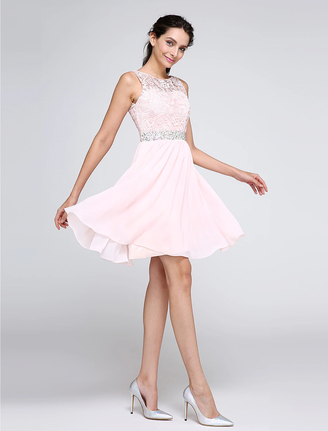 Wholesale A-Line Special Occasion Dresses Party Dress Homecoming Short / Mini Sleeveless Illusion Neck Pink Dress Chiffon V Back Low Back with Crystals