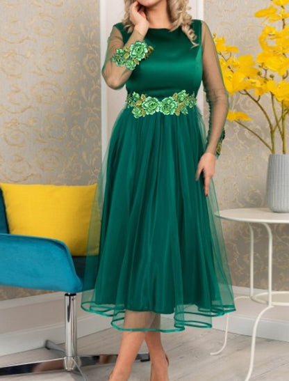 Wholesale A-Line Cocktail Dresses Floral Dress Wedding Guest Cocktail Party Tea Length Long Sleeve Jewel Neck Polyester with Appliques