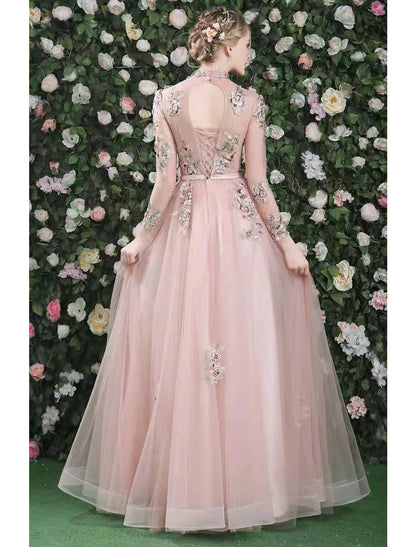 Wholesale A-Line Cut Out Floral Prom Formal Evening Dress High Neck Long Sleeve Floor Length Organza with Embroidery