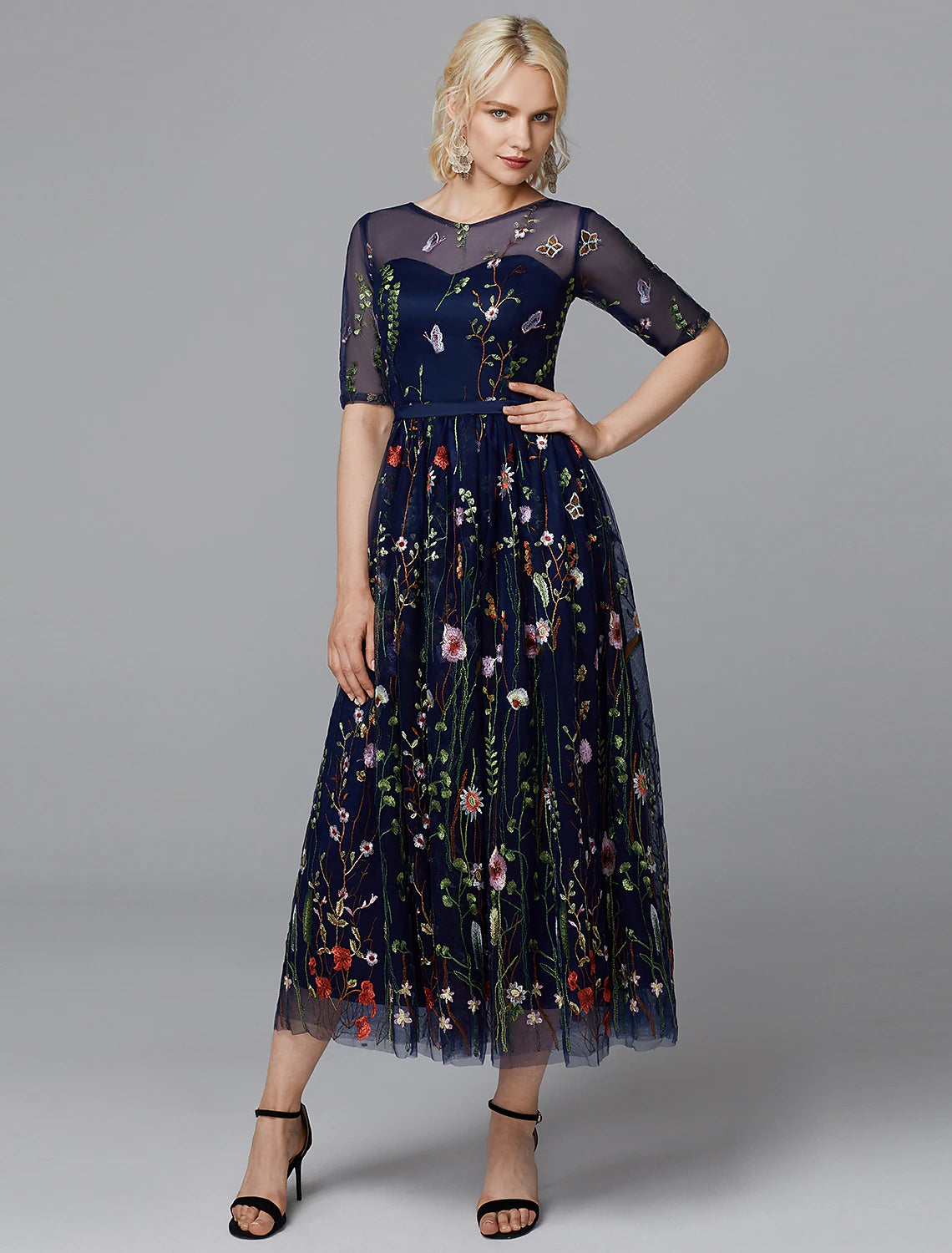 Wholesale A-Line Floral Dress Holiday Wedding Guest Tea Length Half Sleeve Illusion Neck Lace with Embroidery Appliques