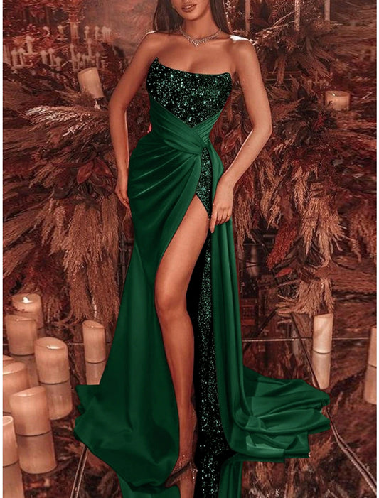 Wholesale Sheath Black Dress Evening Gown Celebrity Style Dress Formal Court Train Sleeveless Strapless Sequined with Ruched Sequin Slit