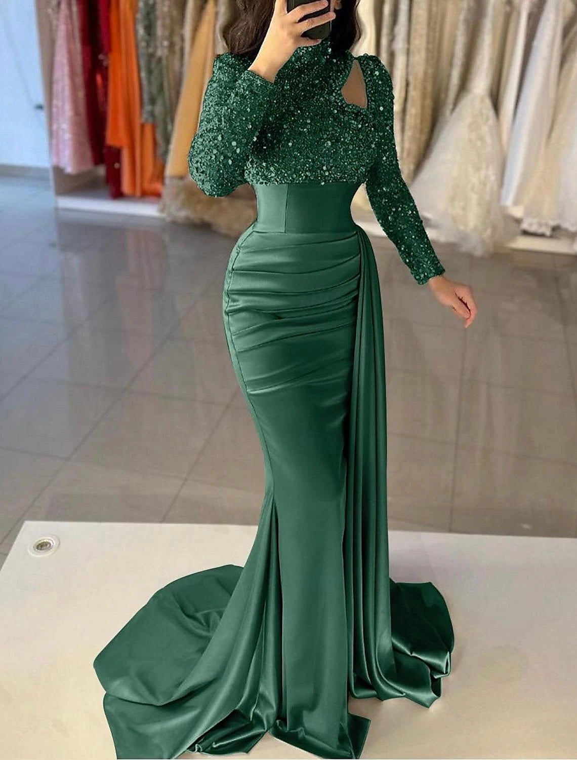 Wholesale Mermaid / Trumpet Evening Gown Elegant Dress Formal Sweep / Brush Train Long Sleeve High Neck Satin with Pearls Sequin