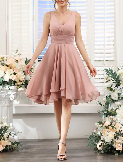 Wholesale A-Line Bridesmaid Dress V Neck Sleeveless Pink Knee Length Chiffon with Ruching / Solid Color