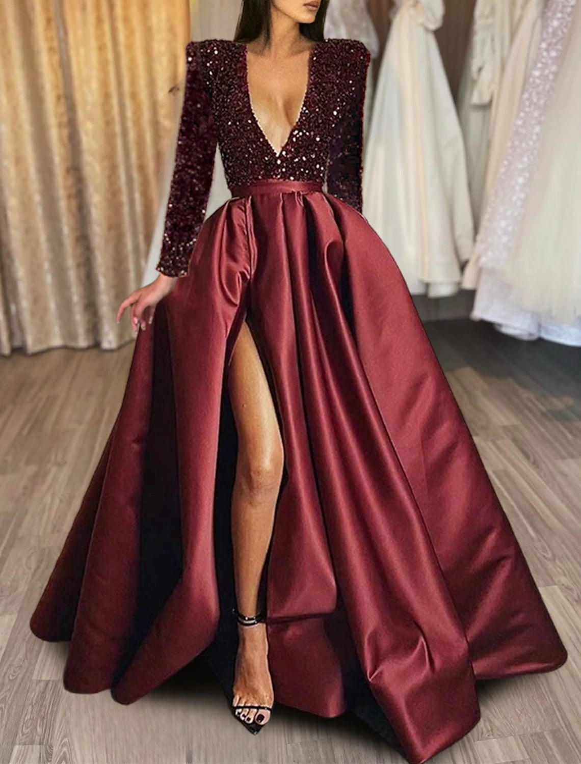 Wholesale A-Line Evening Gown Christmas Red Green Dress Formal Black Dress Plus Size Wedding Court Train Half Sleeve V Neck Satin with Sequin Slit