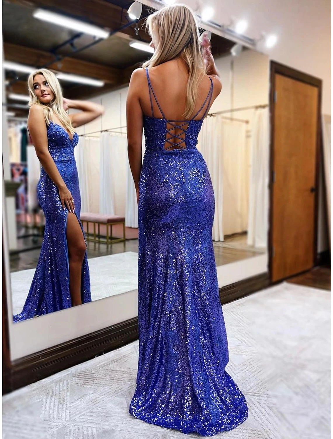 Wholesale Mermaid / Trumpet Prom Dresses Sparkle & Shine Dress Formal Wedding Party Sweep / Brush Train Sleeveless V Neck Sequined Backless with Glitter Sequin