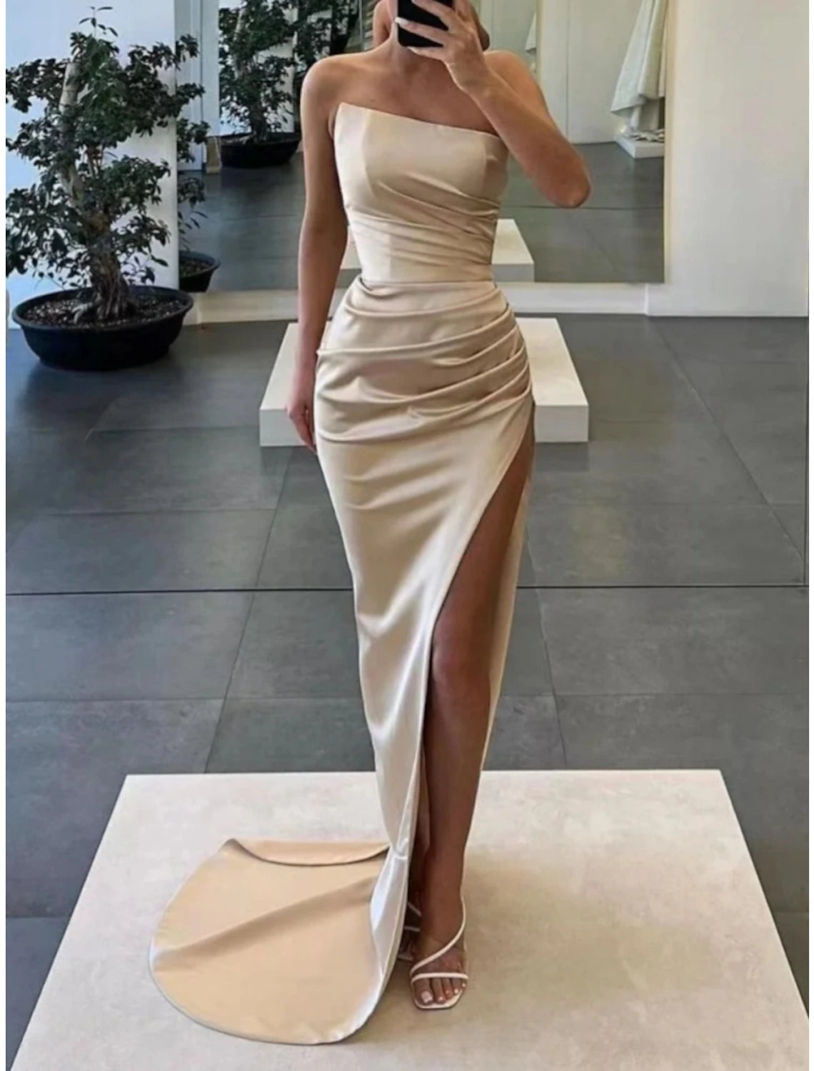 Wholesale A-Line Evening Gown Elegant Dress Formal Court Train Sleeveless Strapless Satin with Ruched Slit