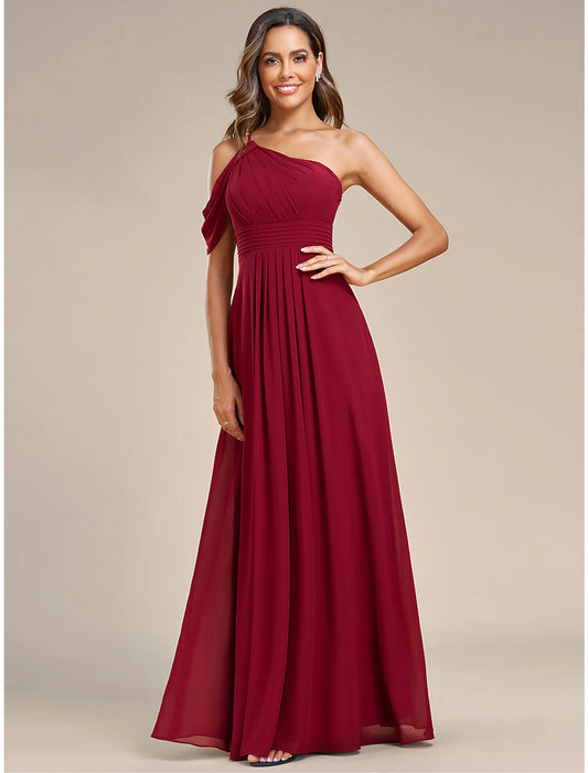 Wholesale A-Line Wedding Guest Dresses Elegant Dress Formal Wedding Floor Length Sleeveless One Shoulder Chiffon with Ruched