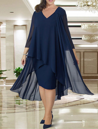 Wholesale Sheath / Column Mother of the Bride Dress Plus Size Elegant V Neck Knee Length Chiffon 3/4 Length Sleeve with Beading Ruffles Ruching