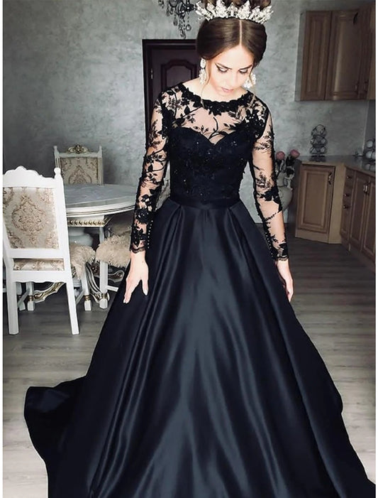 Wholesale Ball Gown Evening Gown Princess Dress Prom Wedding Party Floor Length Long Sleeve Jewel Neck Wednesday Addams Family Satin with Appliques