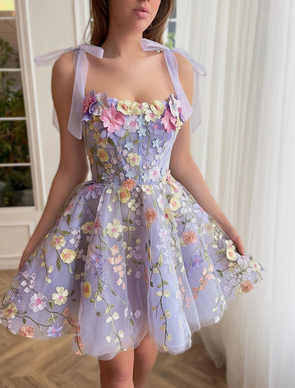 Wholesale A-Line Homecoming Dresses Floral Dress Sweet 16 Summer Knee Length Sleeveless Spaghetti Strap Tulle with Embroidery