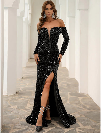 Wholesale A-Line Evening Gown Sparkle & Shine Dress Formal Fall Sweep / Brush Train Long Sleeve Off Shoulder Velvet with Sequin