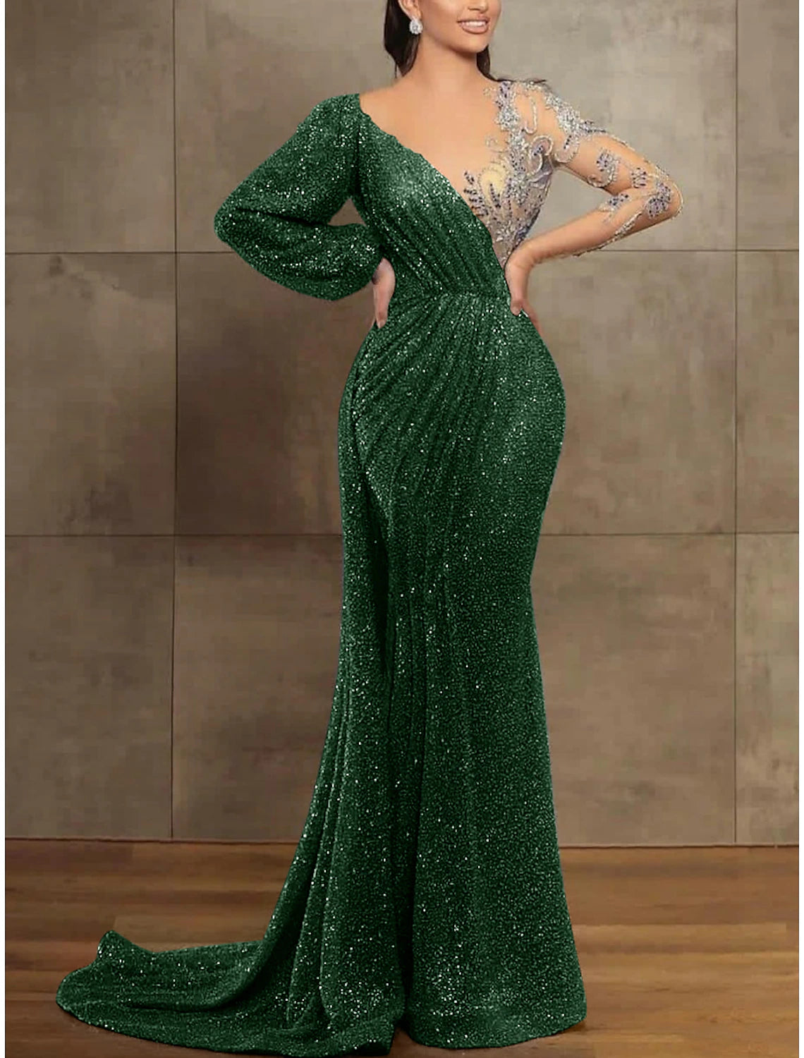 Wholesale Sequin Mermaid / Trumpet Evening Gown Champagne Gold Elegant Dress Formal Christmas Red Green Dress Court Train Long Sleeve Illusion Neck Sequined with Pleats