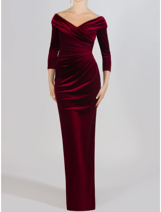 Wholesale Sheath / Column Mother of the Bride Dress Wedding Guest Elegant Off Shoulder Floor Length Velvet 3/4 Length Sleeve with Split Front Ruching