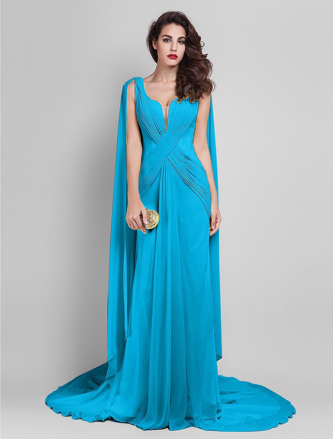 Wholesale Sheath / Column Elegant Dress Wedding Guest Prom Court Train Sleeveless Plunging Neck Georgette V Back