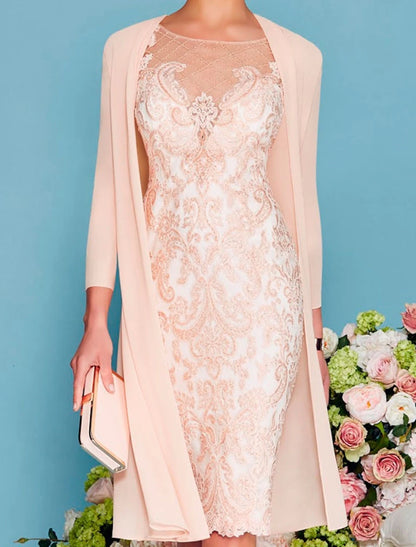 Wholesale Two Piece Sheath / Column Mother of the Bride Dress Formal Wedding Guest Church Elegant Jewel Neck Knee Length Chiffon Lace 3/4 Length Sleeve Wrap Included Jacket Dresses with Beading Appliques