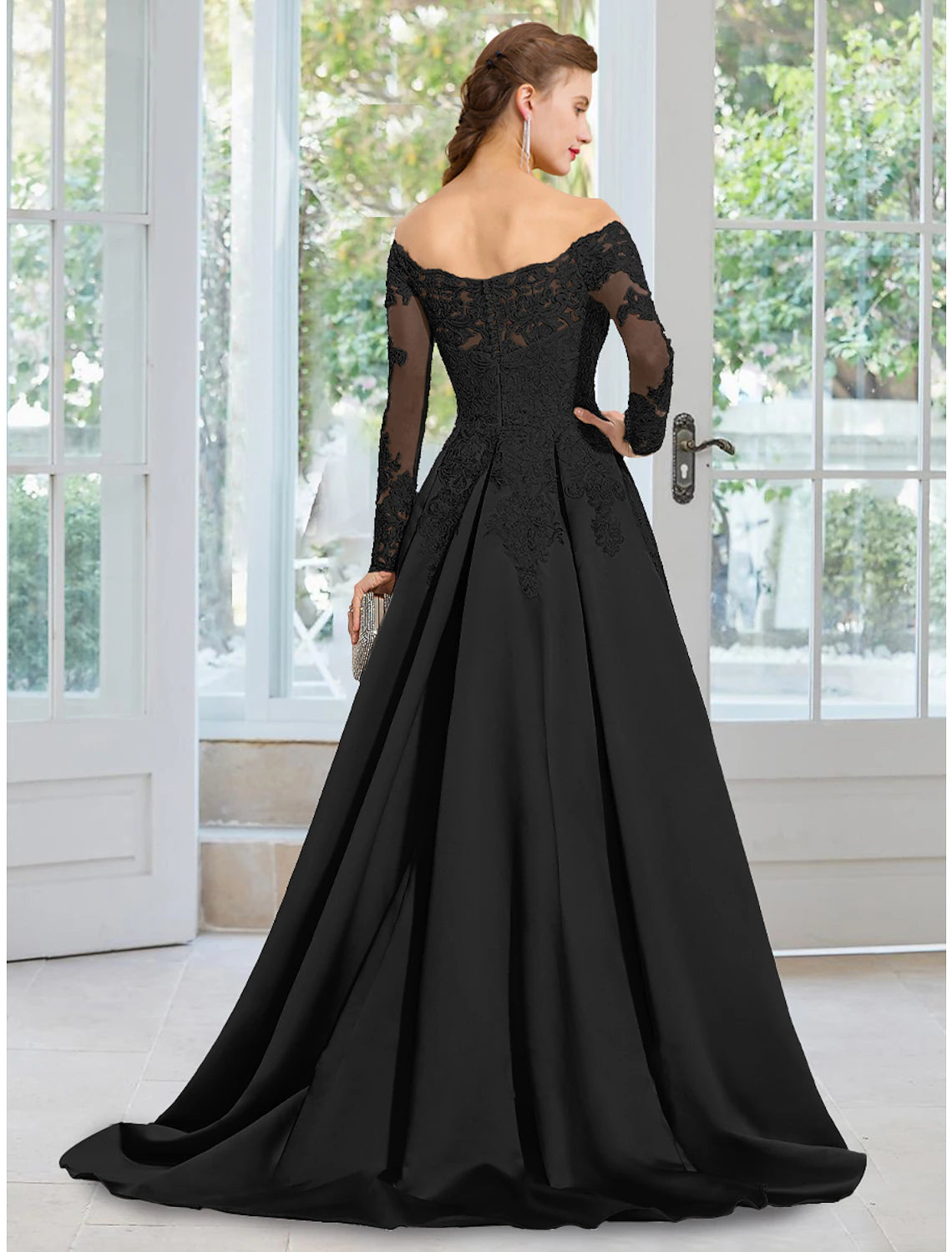 Wholesale A-Line Evening Gown Floral Dress Formal Black Tie Court Train Long Sleeve Off Shoulder Lace with Appliques