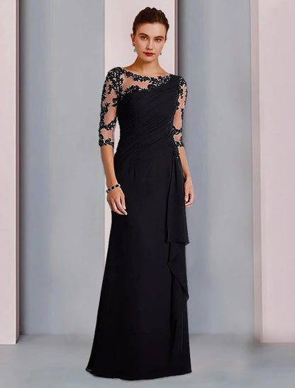 Wholesale  Sheath / Column Mother of the Bride Dress Formal Fall Wedding Guest Dresses Elegant Jewel Neck Floor Length Chiffon Lace 3/4 Length Sleeve with Beading Appliques