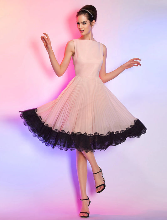 Wholesale A-Line Cute Dress Homecoming Knee Length Sleeveless Boat Neck Pink Dress Chiffon with Lace