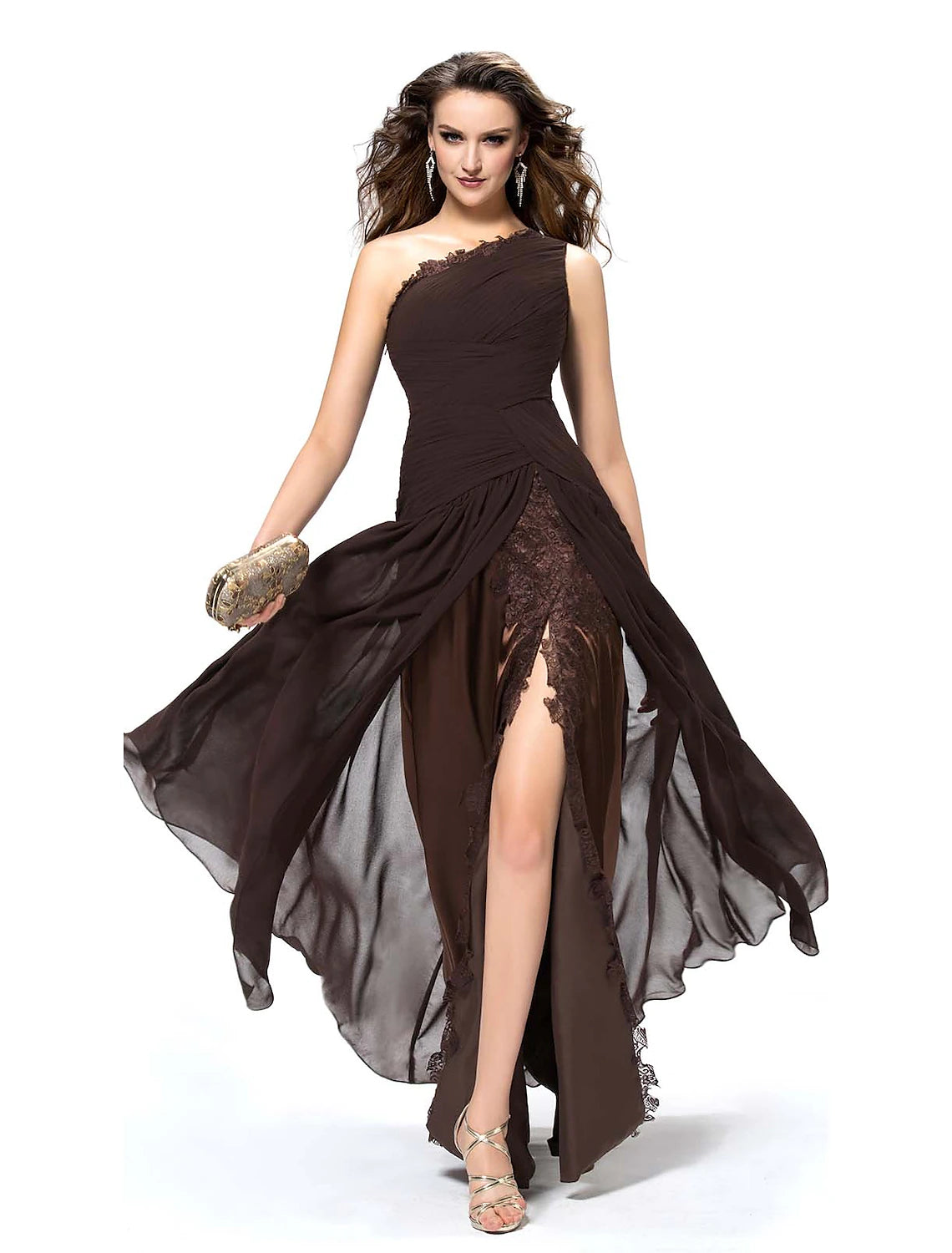 Wholesale A-Line Elegant Sexy Party Wear Formal Evening Dress One Shoulder Backless Sleeveless Floor Length Chiffon with Slit Lace