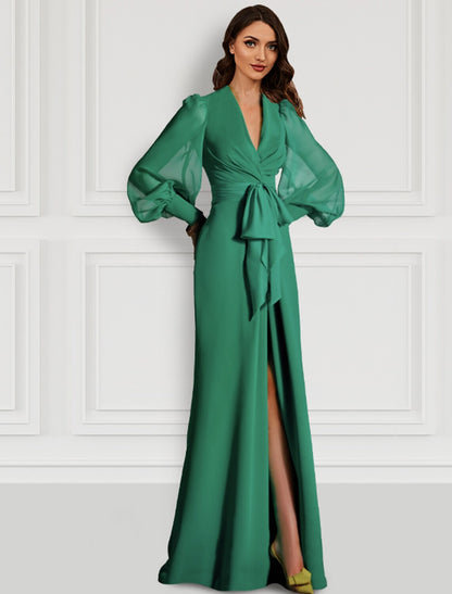 Wholesale Mermaid Red Green Dress Evening Gown Elegant Dress With Bow Formal Wedding Guest Sweep / Brush Train Long Sleeve V Neck Fall Wedding Guest Chiffon with Slit Strappy