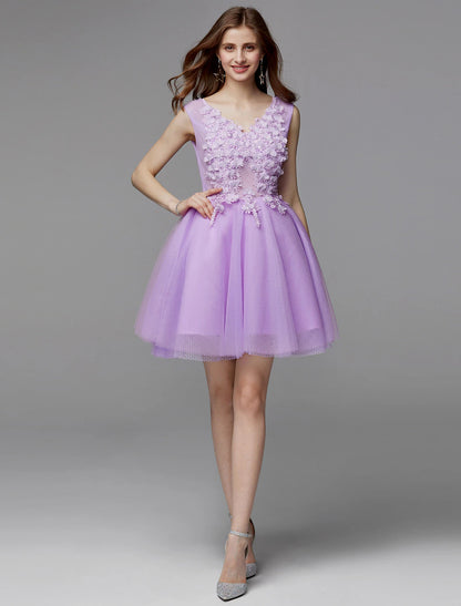 Wholesale A-Line Party Dress Homecoming Graduation Short / Mini Sleeveless V Neck Lace Over Tulle with Crystals Appliques