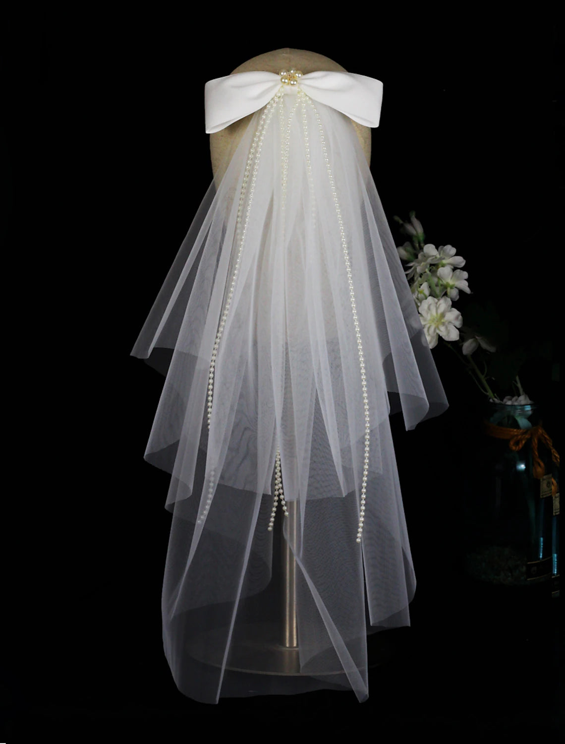 Wholesale Two-tier Cute Wedding Veil Elbow Veils with Faux Pearl / Satin Bow Tulle