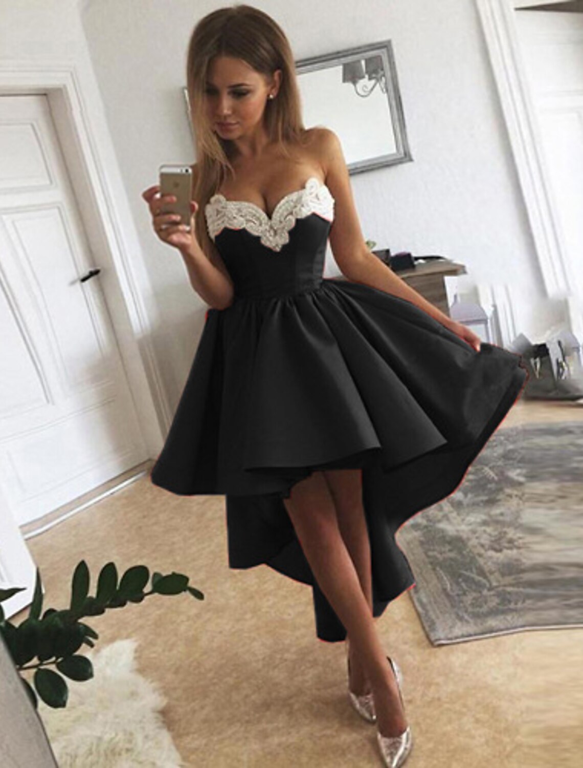 Wholesale A-Line Cocktail Dresses Minimalist Dress Homecoming Graduation Asymmetrical Sleeveless Strapless Satin with Appliques