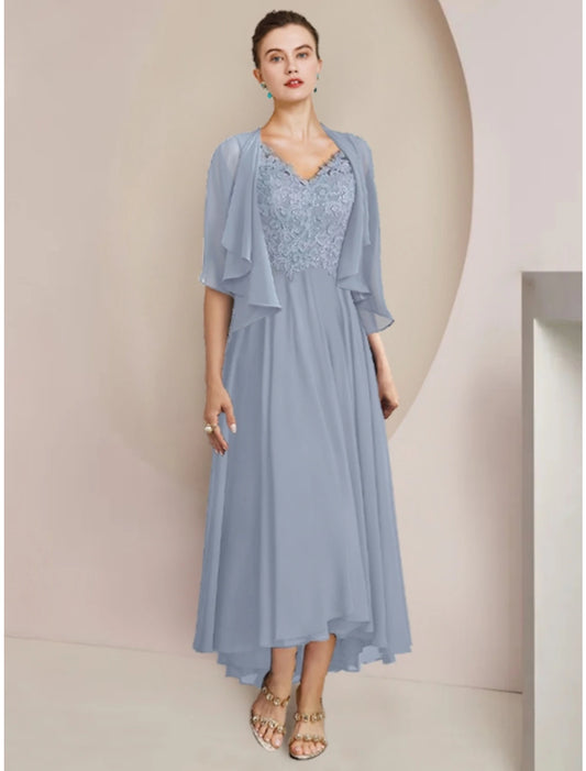 Wholesale  Sheath / Column Mother of the Bride Dress Wedding Guest Vintage Elegant V Neck Asymmetrical Ankle Length Chiffon Lace Half Sleeve with Pleats