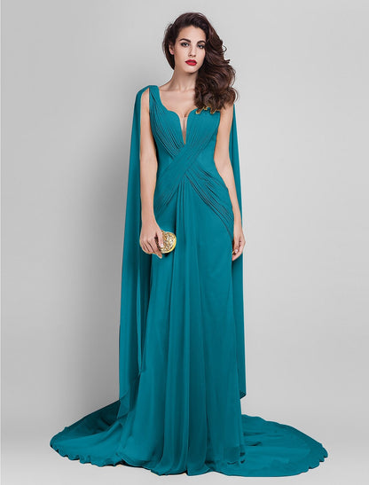 Wholesale Sheath / Column Elegant Dress Wedding Guest Prom Court Train Sleeveless Plunging Neck Georgette V Back