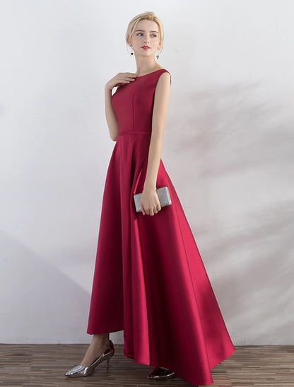 Wholesale A-Line Evening Gown Minimalist Dress Party Wear Formal Evening Asymmetrical Sleeveless Jewel Neck Satin with Sleek